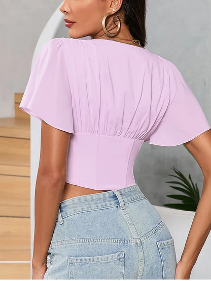 Suninheart Summer Sexy Chiffon Pleated Top Women Ruffle Short Sleeve Corset Top Casual Female's Blouse 2024