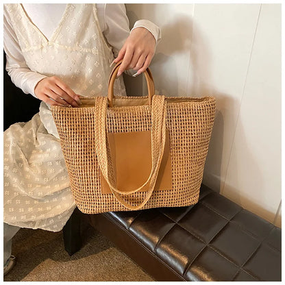 Casual Large Capacity Straw Tote Bag Hollow Paper Weave Women Shoulder Bags Handmade Summer Beach Handbag Big Bali Shopper Purse