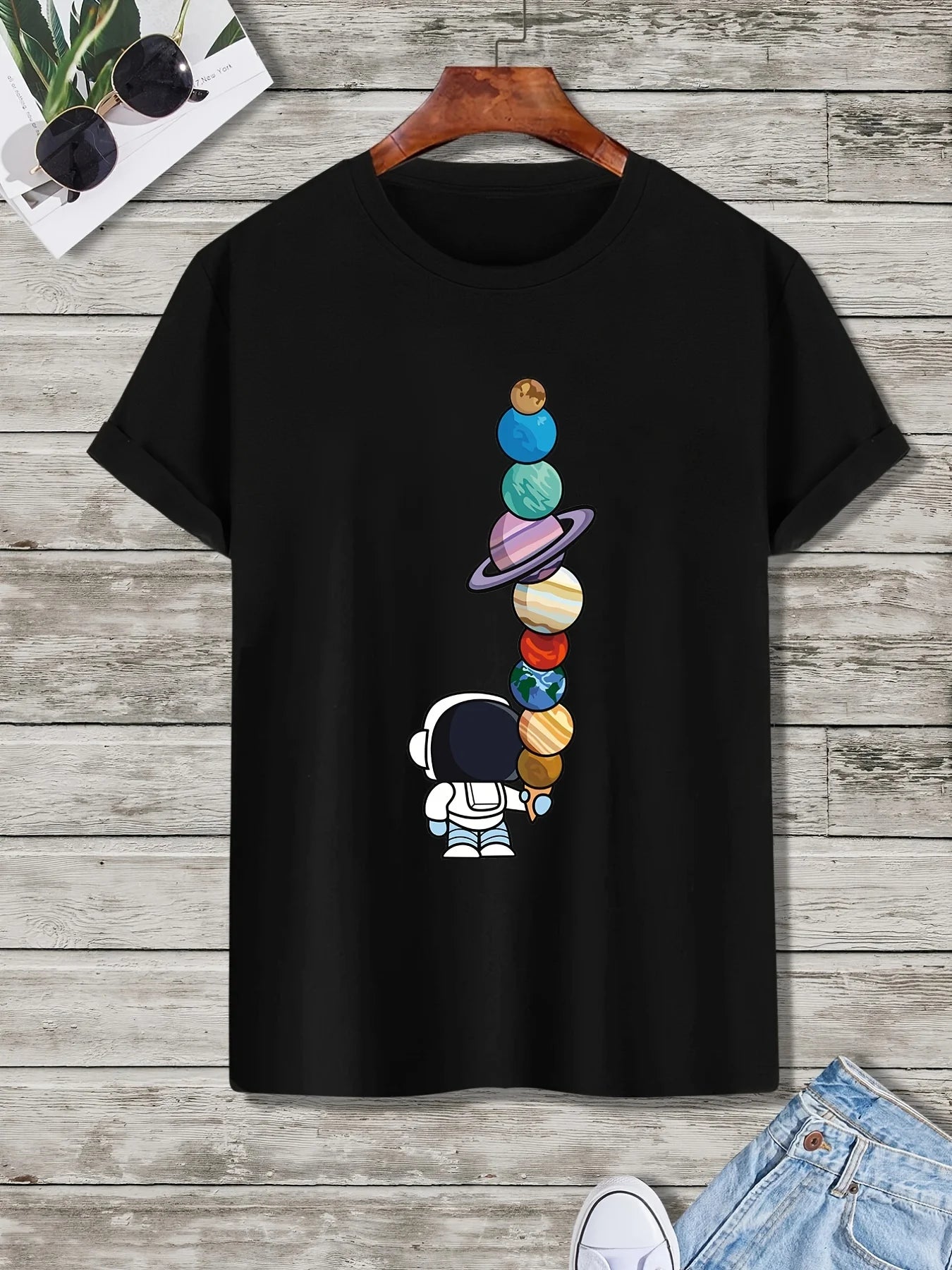 Camiseta de poliéster con estampado de astronauta y planetas de dibujos animados para mujer, la más vendida, camiseta de manga corta de verano de moda para mujer