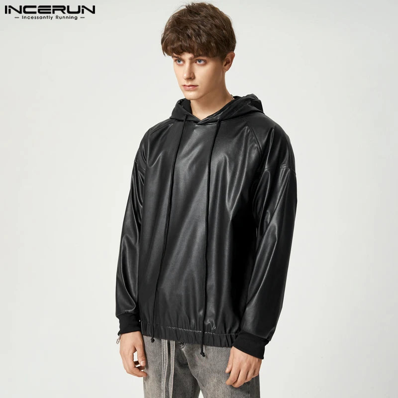 Venta caliente y elegante de camisetas para hombre INCERUN 2024, sudaderas con capucha de cuero reflectante de color liso, suéter informal de manga larga con cordón para hombre, tallas S a 5XL