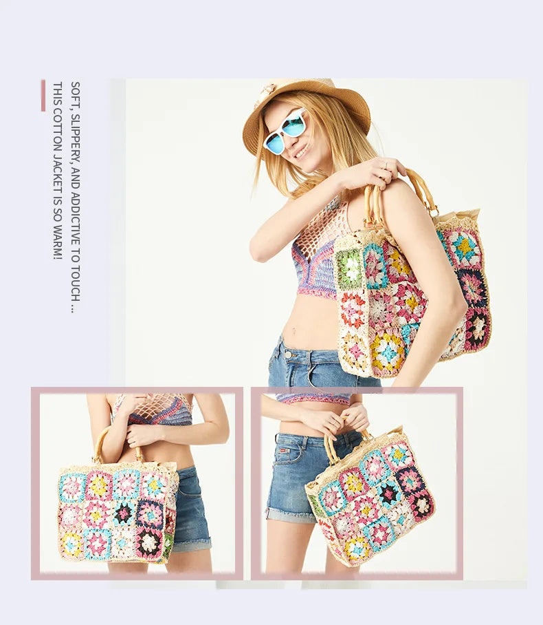 Bolso de mano de paja con forma de granny square bohemio con asa de bambú, bolsos de mujer informales hechos a mano, bolsos de playa de verano, carteras de gran capacidad