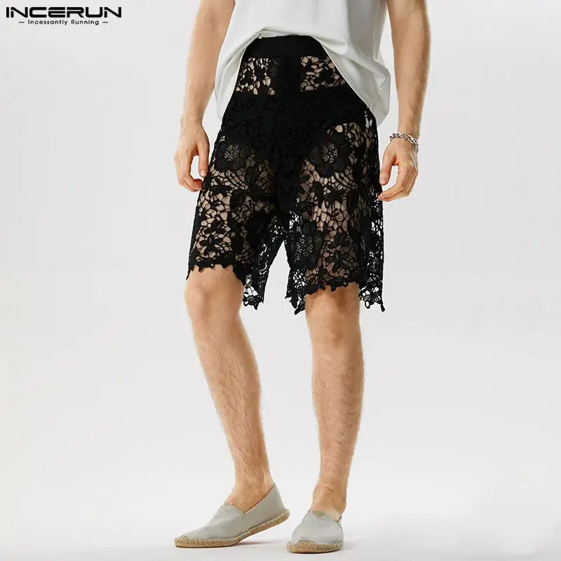 Short élégant et bien ajusté pour homme INCERUN Short en dentelle imprimé ajouré pour soirée décontractée Short en maille transparente sexy S-5XL