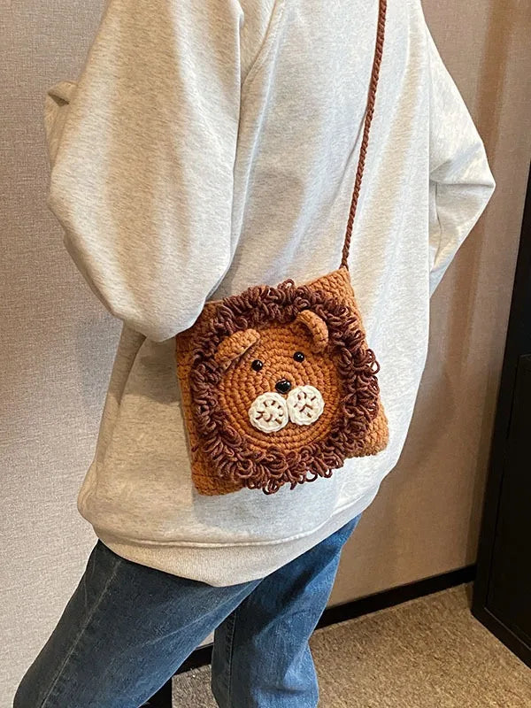 Cute Little Lion Bag For Girls Women's Funny Mobile Phone Coin Purse Winter Knitting Shoulder Crossbody Bag