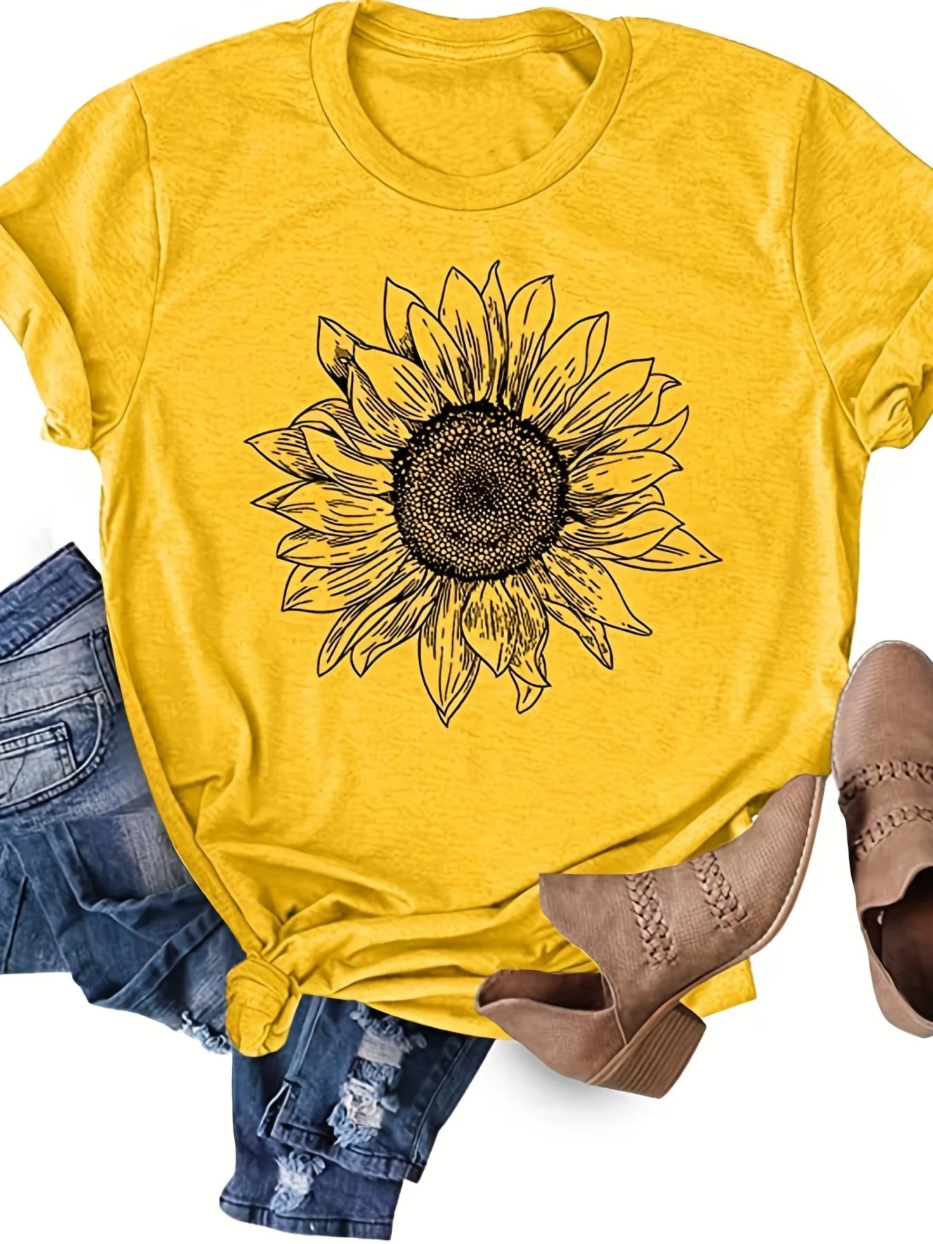 Sunflower Print Women T-shirt Casual Crew Neck Short Sleeve T-shirt Women's Clothing Female TopsTees