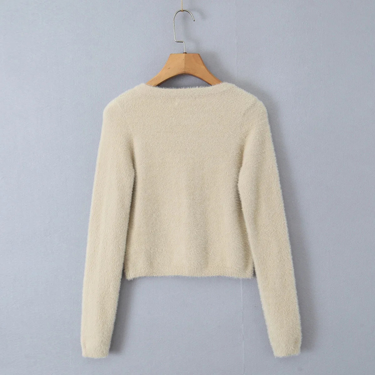 Suninheart Autumn Sexy Mohair Cardigan Women Fashion Vintage Knit Cropped Sweaters Casual Long Sleeve Button Up Crochet Top