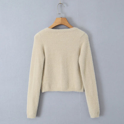 Suninheart Autumn Sexy Mohair Cardigan Women Fashion Vintage Knit Cropped Sweaters Casual Long Sleeve Button Up Crochet Top