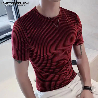 Fashion Casual Style Men's Camiseta  Party Shows Tees INCERUN Male Stylish Hot Sale Drawstring Round Neck Stretch T-shirts S-3XL