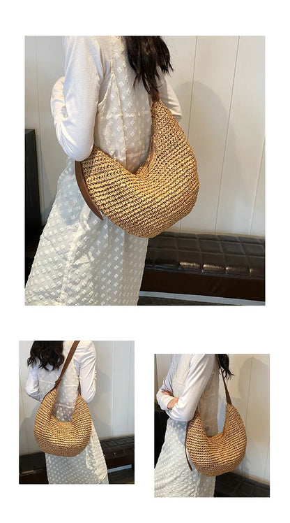 Casual Hobos Straw Women Shoulder Bags Handmade Weave Crossbody Bags Vintage Simple Summer Beach Bag Large Capacity Tote Purses