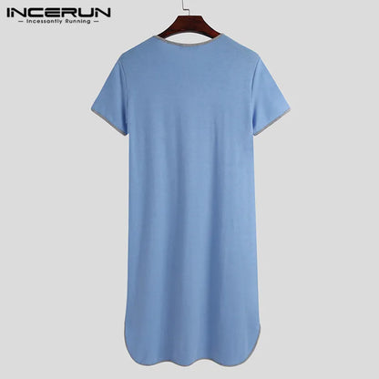 Fashion Men's Loose Sleepwear Casual Solid Nightgown INCERUN Patchwork Sleep Robes Short Sleeve V-Neck Homewear Robes S-5XL 2024