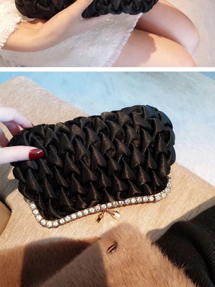 Women Evening Bag Classical Black Clutch Bag Rhinestone Satin Banquet Bag Bride Clutch Bag