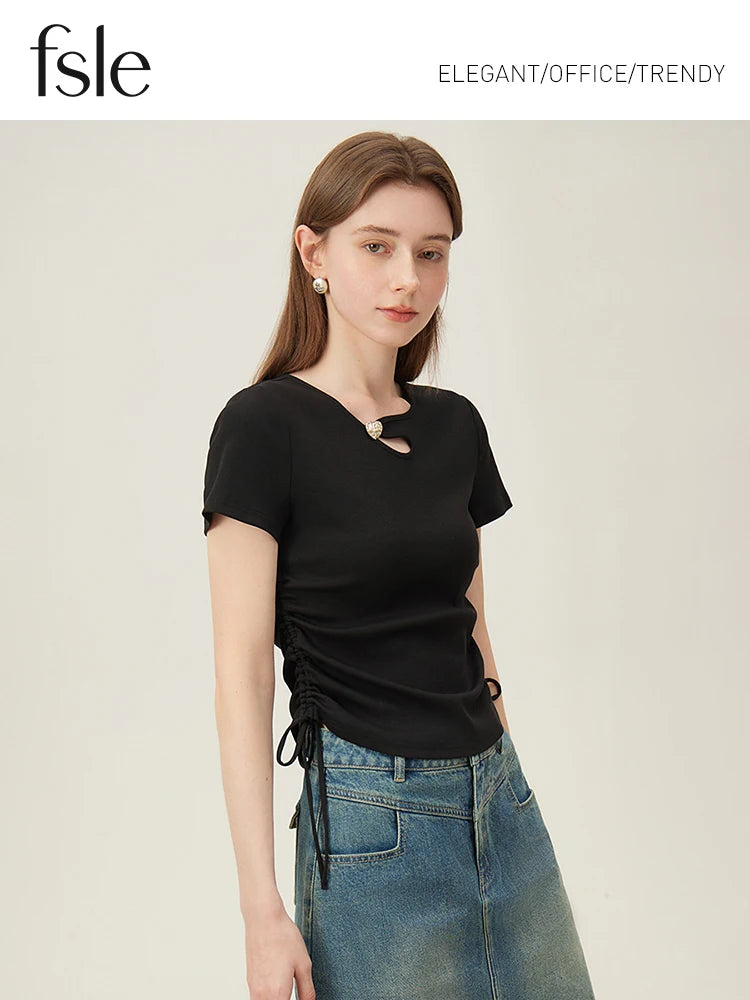 FSLE Neckline Hollow Out Design Women Black Slim Front Shoulder T-Shirts Side Drawstring Short Solid Thin Fit T-shirt 24FS12183