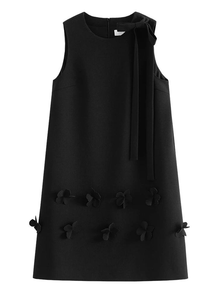 FSLE Women Sleeveless Knee-Length Dress Black Loose Polyester Dress Three-dimensional Butterfly Decoration Solid Dress 24FS12490