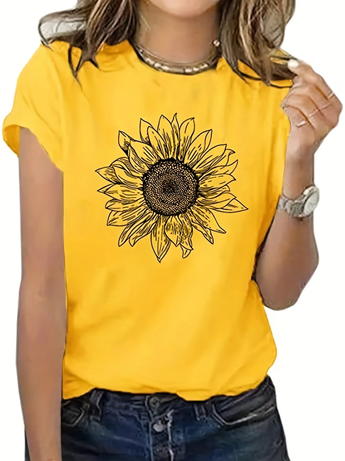 Sunflower Print Women T-shirt Casual Crew Neck Short Sleeve T-shirt Women's Clothing Female TopsTees