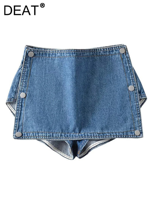 DEAT Fashion Women's Skirt Wasit Button Spliced Two Through Style Solid Color Denim Mini Skirts Female Summer 2024 New 17A9335