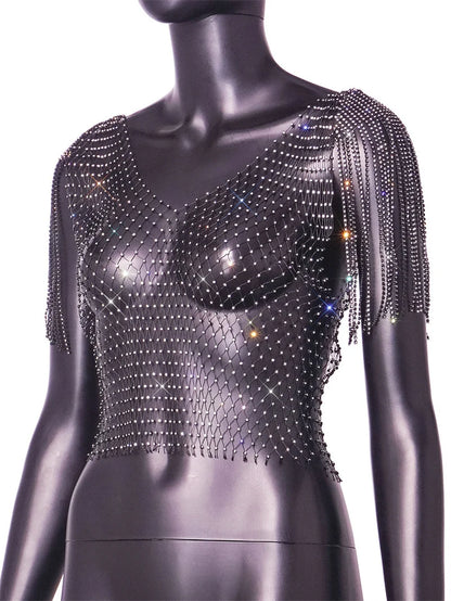 Camisetas transparentes de malla con diamantes para mujer, camisetas sexis de verano con agujeros para playa, para fiestas, clubes y raves, venta al por mayor