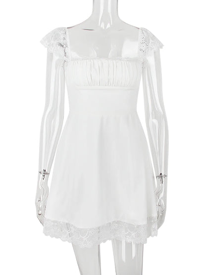 Robe blanche sexy en dentelle courte pour femme, tenue de soirée, de club, de vacances, décontractée, mini, douce, à lacets dans le dos, pour anniversaire, 2022