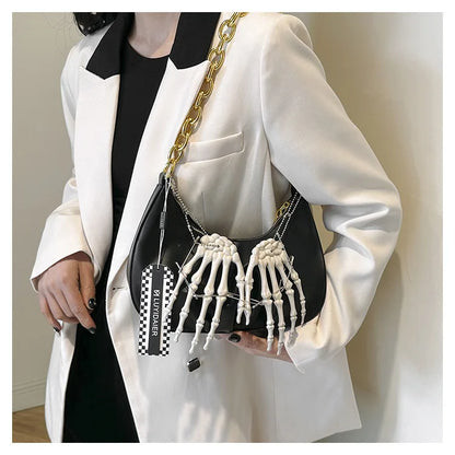 Bolso bandolera estilo punk con cadena para chica cool 3d Mano Scheletrica, bolso bandolera estilo Y2k vintage para mujer 2024