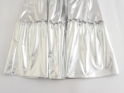 Suninheart Summer 2023 New Women's Silver Metal Texture Medium Length Skirts High Waist A-Line Slim Large Skirt Hem Cake Skirt