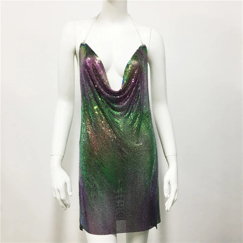 Robe d'été sexy à paillettes et chaîne transparente pour femme, dos nu, tenue de fête d'anniversaire, de boîte de nuit, robe de soirée en métal