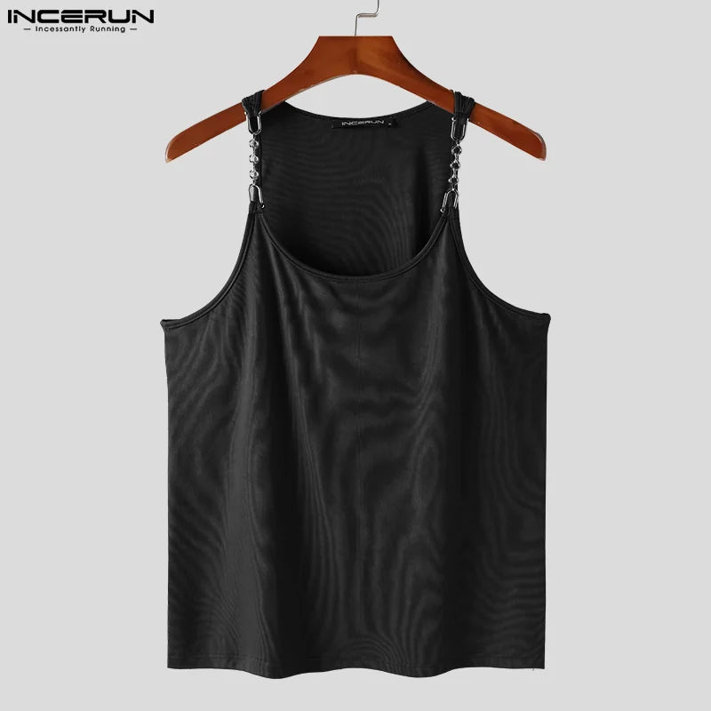 Sexy Stylish Style Tops INCERUN New Men's Metal Chain Suspender Vests Fashion Casual Streetwear Sleeveless Solid Tank Tops S-5XL