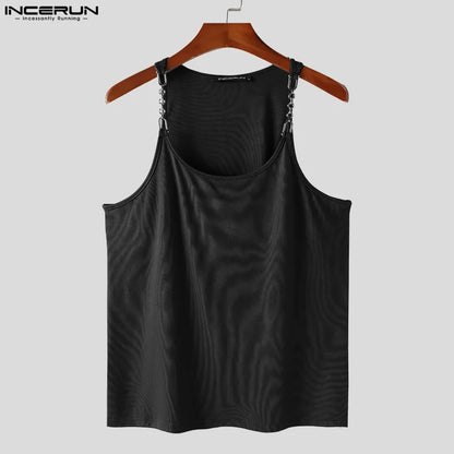 Sexy Stylish Style Tops INCERUN New Men's Metal Chain Suspender Vests Fashion Casual Streetwear Sleeveless Solid Tank Tops S-5XL