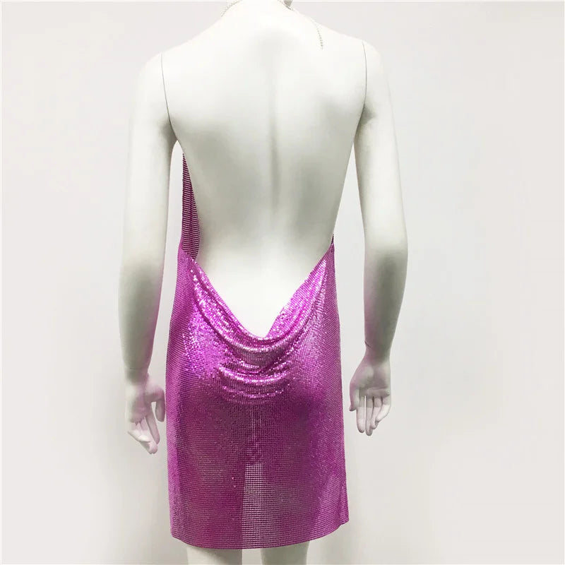 Robe d'été sexy à paillettes et chaîne transparente pour femme, dos nu, tenue de fête d'anniversaire, de boîte de nuit, robe de soirée en métal