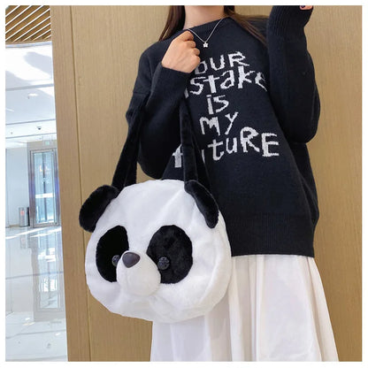 Bolsos de hombro de peluche para adolescentes, diseño kawaii, con forma de cabeza de panda, elegantes y suaves, para compras, portátiles