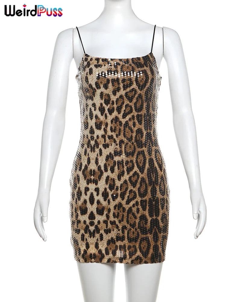 Vestido sexy con estampado de leopardo y gatito extraño para mujer, con lentejuelas, estilo hipster, a la moda, ajustado, elástico, para fiesta de medianoche, para discoteca, ajustado