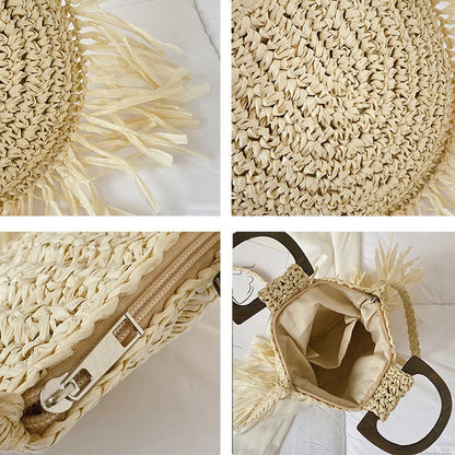 Casual Tassel Straw Women Handbags Wooden Handle Woven Shoulder Crossbody Bags Handmade Summer Beach Bag Small Tote Bali Purses