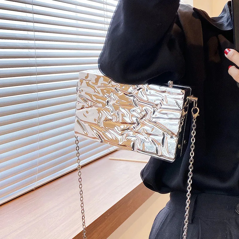 Silver Square Chain Party Clutch Fashion Purses and Handbags for Women Chic Designer Brand Shoulder Bag Crossbdoy Bag Female