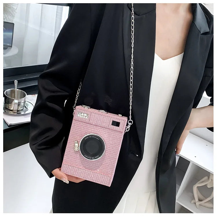 New Camera Shape Shoulder Bag Women Fashion Sequin Box Bag Funny Chain Crossbody Body Bag