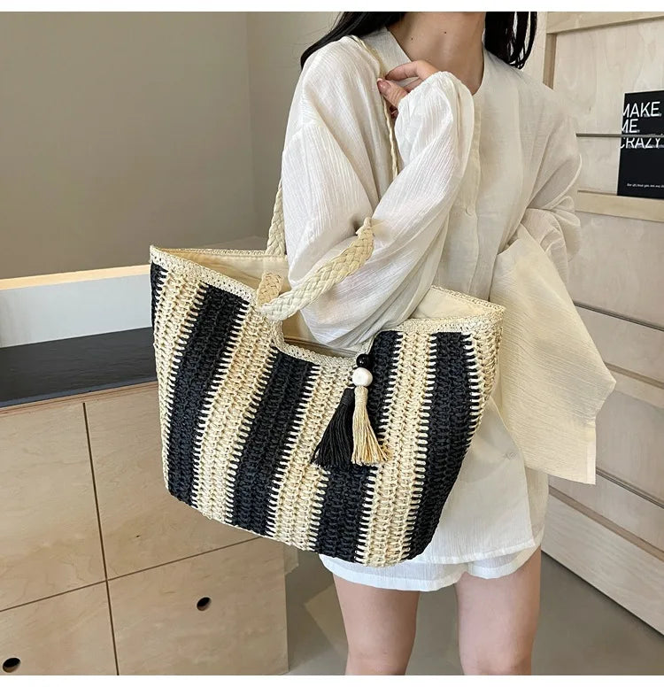 Bolso tejido de paja estilo vacaciones de verano, gran capacidad, versión coreana, tendencia occidental, bolso de hombro, bolso de mano de viaje de moda, diseñador