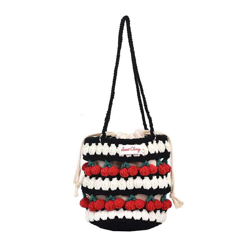 Handmade Woven Cherry Woolen Bag Fresh Fruit Woven Bag Crochet Knitted Bag Leisure String Shoulder Crossbody Bag 2024 New