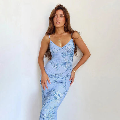 Robe à bretelles sans manches à imprimé floral pour femmes, mode col en V, robes maxi slim, été chic, femme, plage, fête, club, 2023