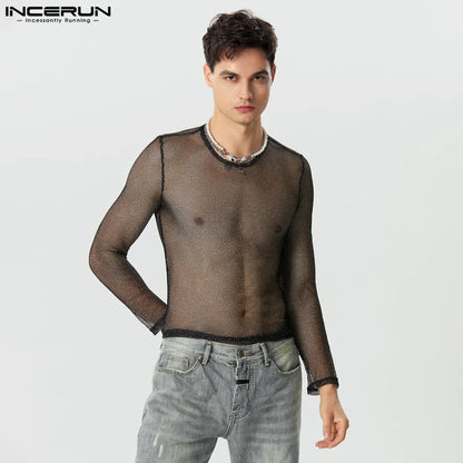 Hauts de style boîte de nuit de fête INCERUN Nouveaux hommes paillettes maille transparente Camiseta Sexy mâle tout-match à manches longues mince T-shirts S-5XL