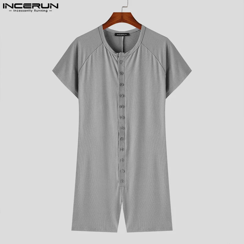 2024 Hommes Barboteuses Pyjamas Couleur Unie Col Rond Manches Courtes Bouton Décontracté Hommes Bodys Skinny Homewear Combinaisons S-5XL INCERUN