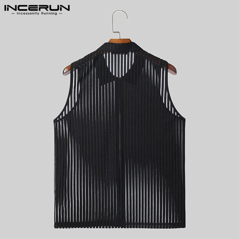 Fashion Casual Style Tops INCERUN Men's Vertical Stripe Perspective Zipper Vests Sexy Male Thin Sleeveless Tank Tops S-5XL 2024