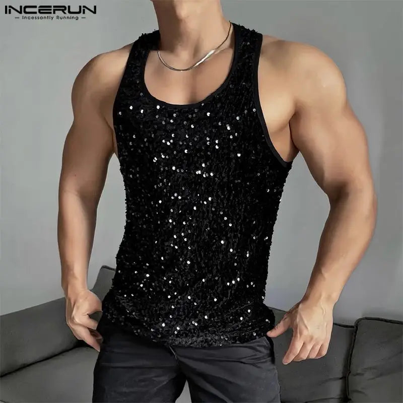 Camisetas con estilo en oferta para hombre INCERUN, camisetas con diseño de perla brillante y personalidad, camisetas deportivas informales, camisetas sin mangas con cuello redondo, tallas S a 5XL