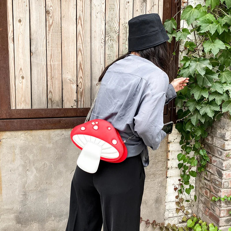 Bolso bandolera con diseño de personalidad, divertido y lindo dibujo animado de poliuretano con forma de hongo, bonito bolso de hombro con cadena para verano