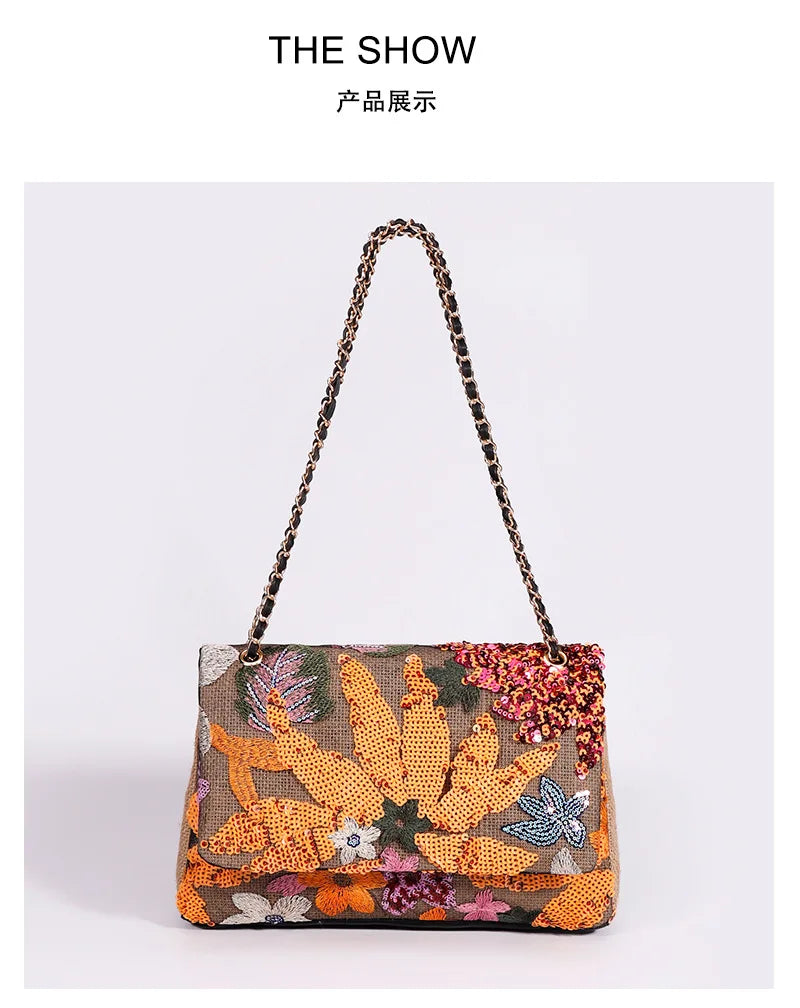 Fashion Sequins Embroidery Flap Women Shoulder Bags Chains Random Floral Pattern Crossbody Bag Casual Summer Beach Underarm Bag