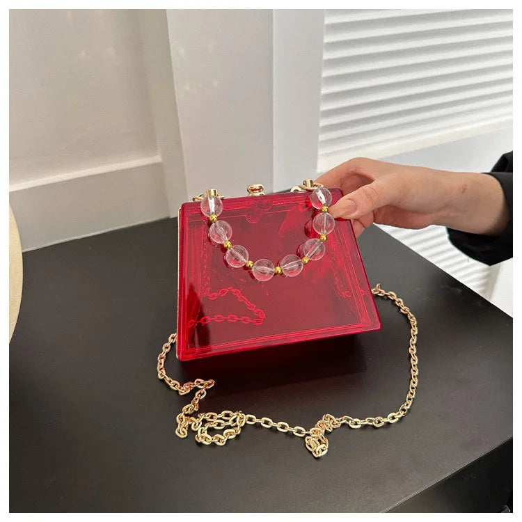 Summer Transparent Box Bag Female Small Pearl Handle Clear Shoulder Bag Chain Acrylic Dinner Bag