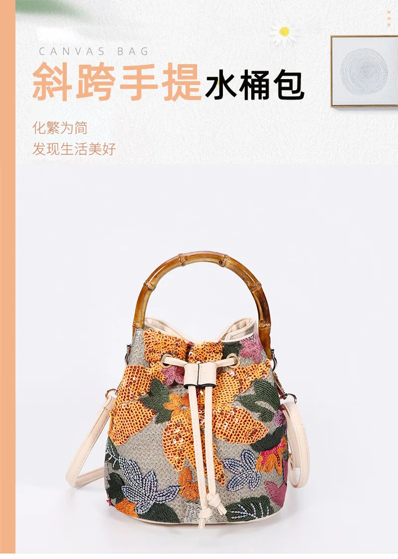 Bolsos de cubo con bordado de lentejuelas de moda, bolsos de mano con asa Baboom para mujer, bolsos cruzados de paja con flores, bolsos de playa de verano