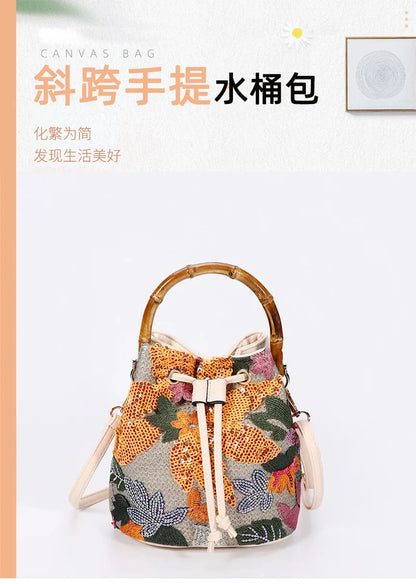 Bolsos de cubo con bordado de lentejuelas de moda, bolsos de mano con asa Baboom para mujer, bolsos cruzados de paja con flores, bolsos de playa de verano