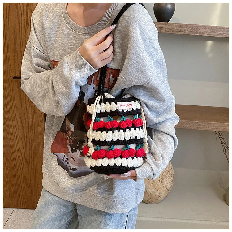 Handmade Woven Cherry Woolen Bag Fresh Fruit Woven Bag Crochet Knitted Bag Leisure String Shoulder Crossbody Bag 2024 New