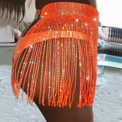 Minifalda de bikini de playa de verano para mujer, falda larga con borlas y diamantes de imitación brillantes, ropa de playa sexy ajustable