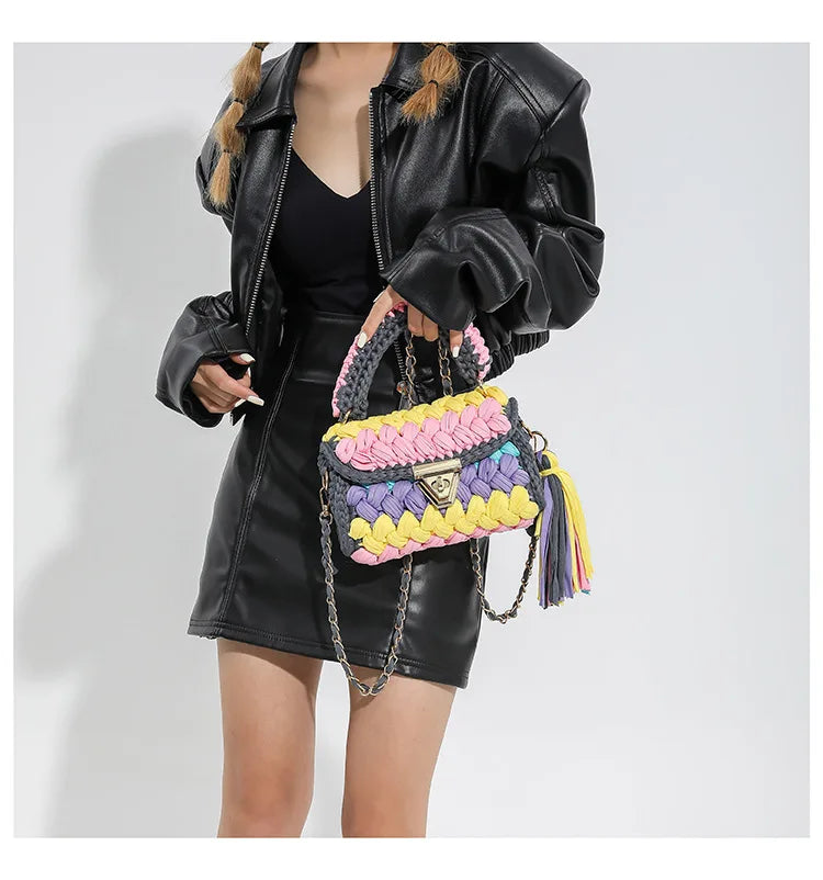 Fashion Colorful Crochet Women Handbags Trend Handmade Woven Chains Shoulder Crossbody Bag Small Flap Female Purses 2024