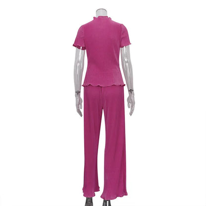 DEAT Fashion Conjunto de 2 piezas para mujer, nuevo top holgado de manga corta con cuello redondo plisado y pantalones rectos de cintura alta, verano 2024 17A1390