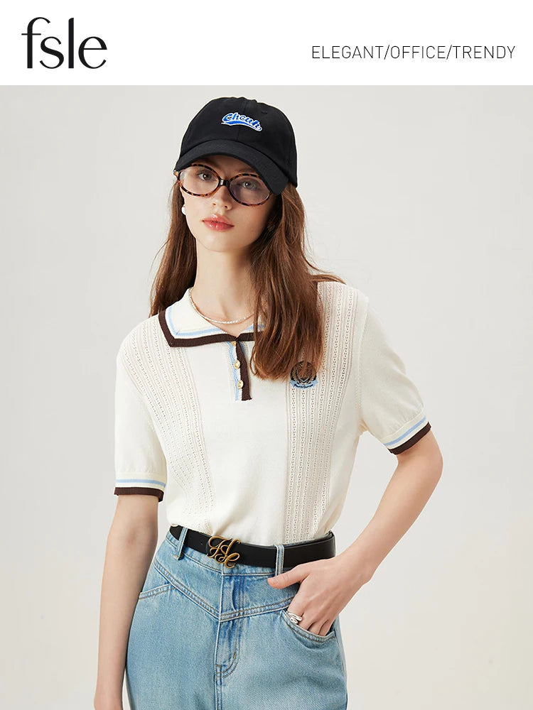 FSLE College Style Embroidery Color Contrast Versatile Casual Polo Shirt 2024 Summer New Knitted Blouse For Women 24FS12299