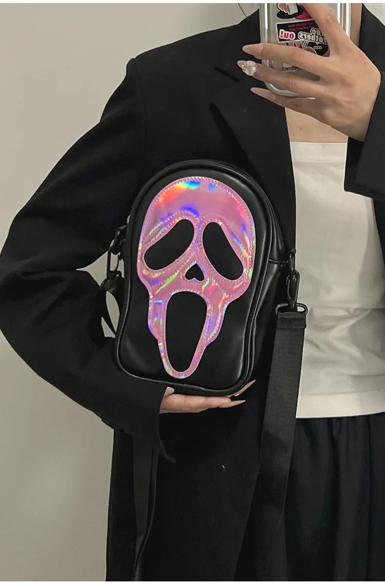 Bolso bandolera para hombre y mujer, estilo coreano, divertido bolso de hombro con calavera fantasma láser, bolso pequeño suave para teléfono móvil