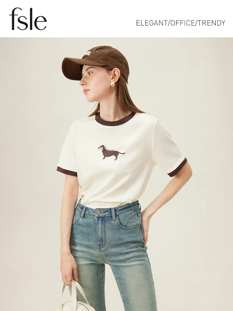 FSLE Women Short Sleeve Tees 100% Cotton Round Neck Women T-Shirts Animal Print Summer Female Loose Tee 24FS12185